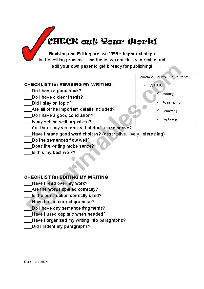 Check Your Work: Self Revision and Editing Checklist