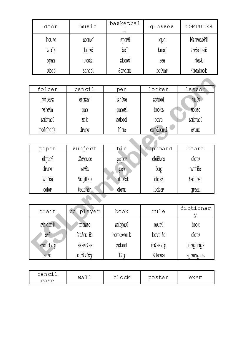 Taboo game worksheet