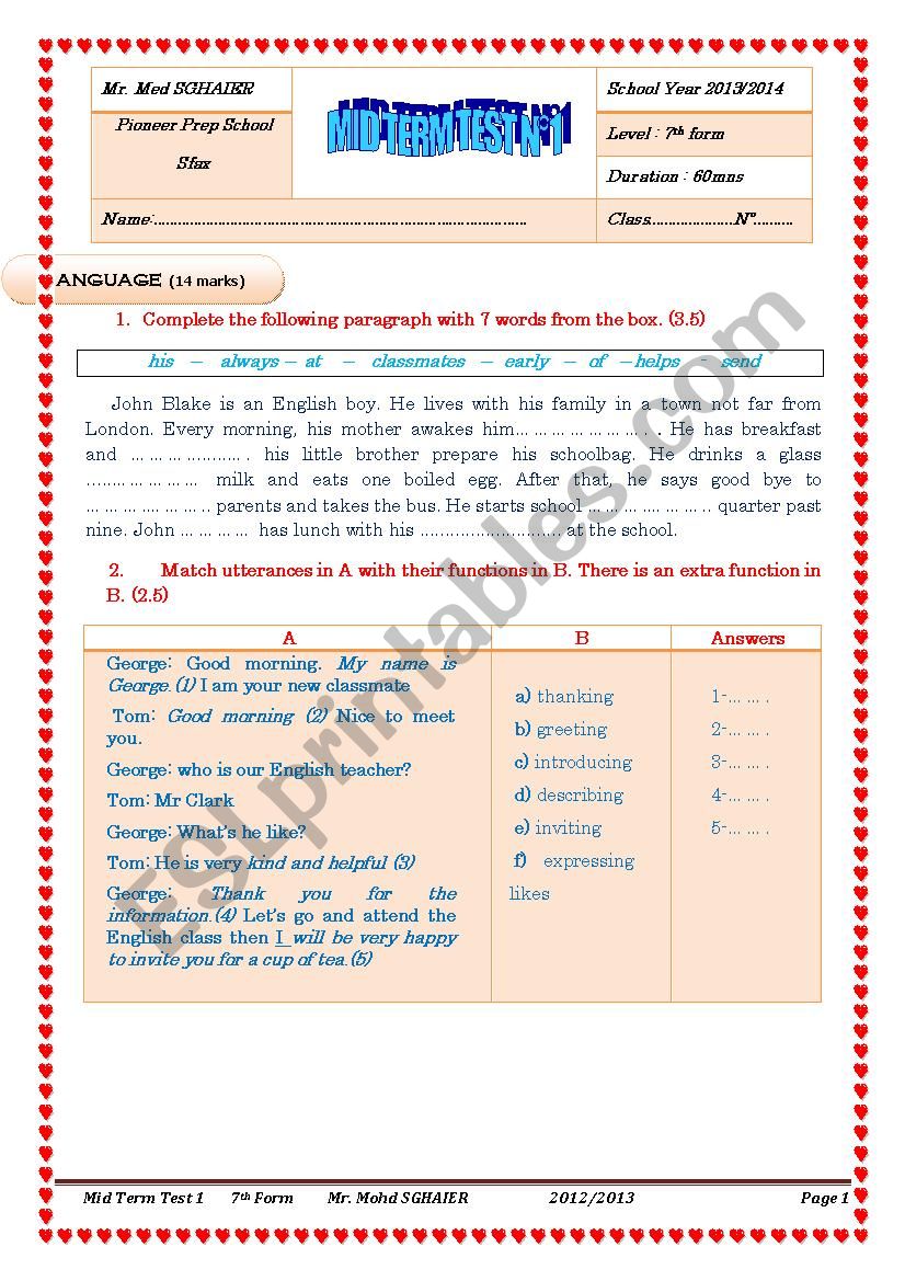 7th Form Mid Term Test 1 worksheet