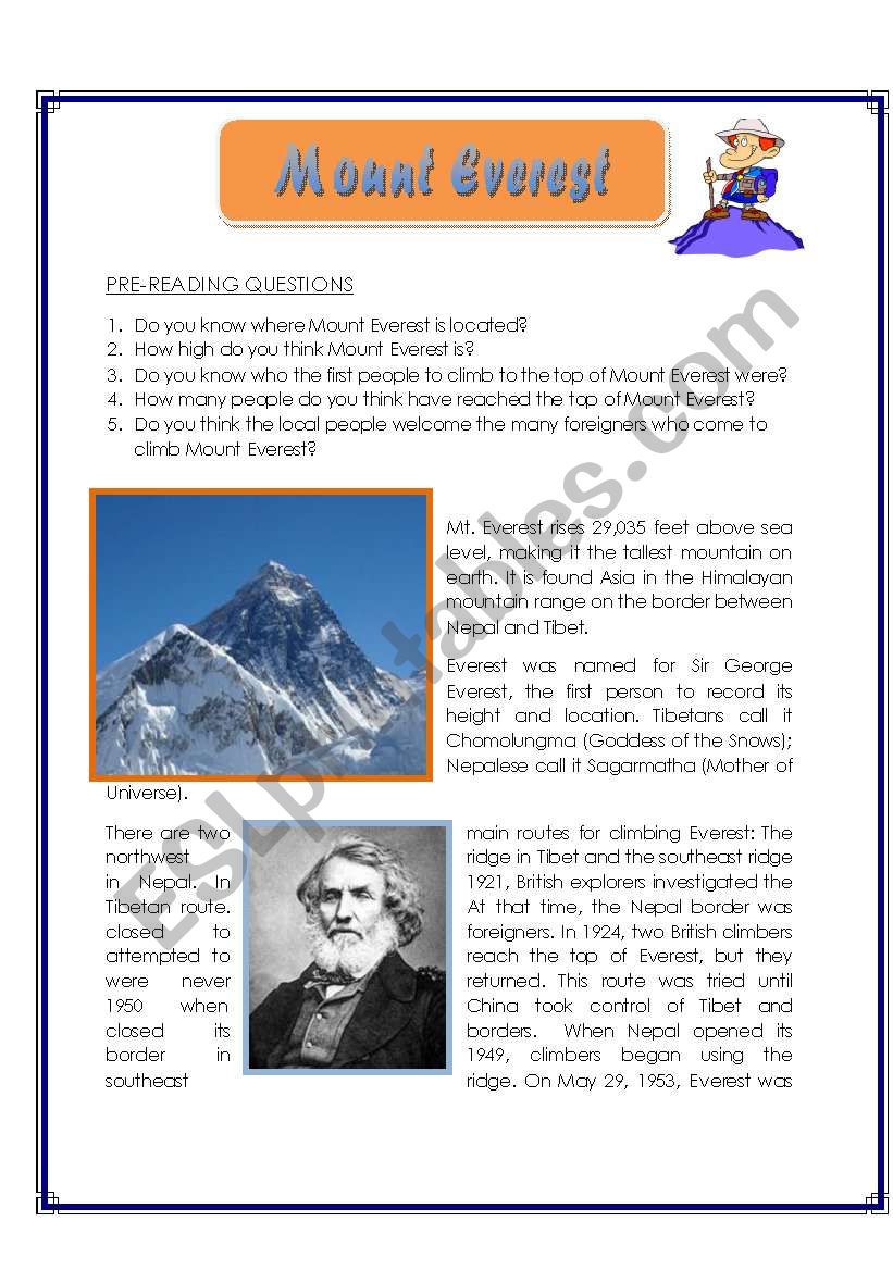 Mount Everest - Reading Comprehension - ESL worksheet by zhlebor