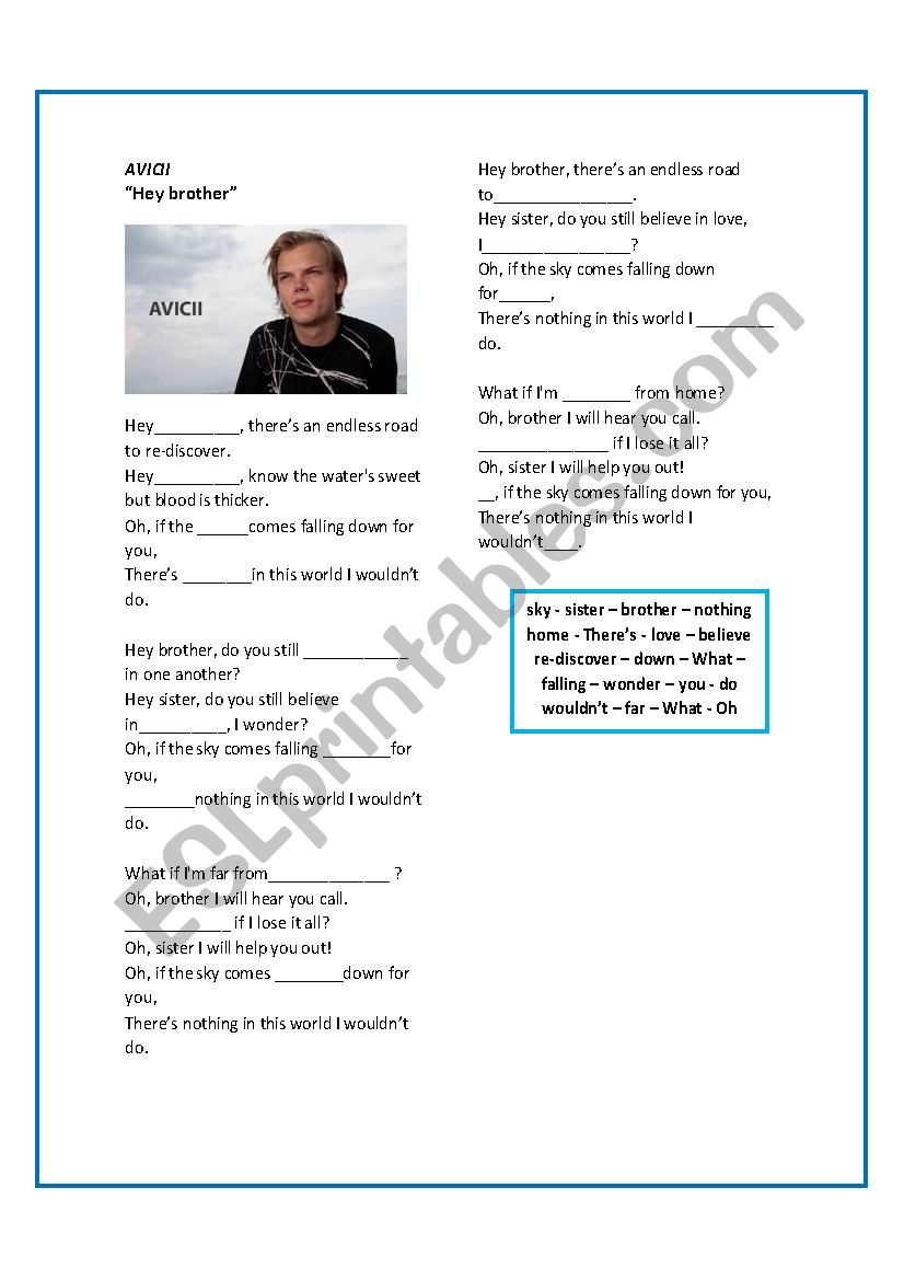 avicii - hey brother  worksheet