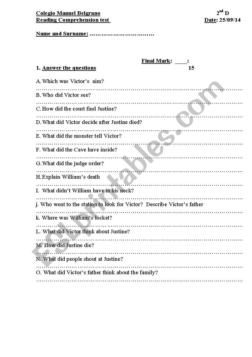 frankenstein worksheet