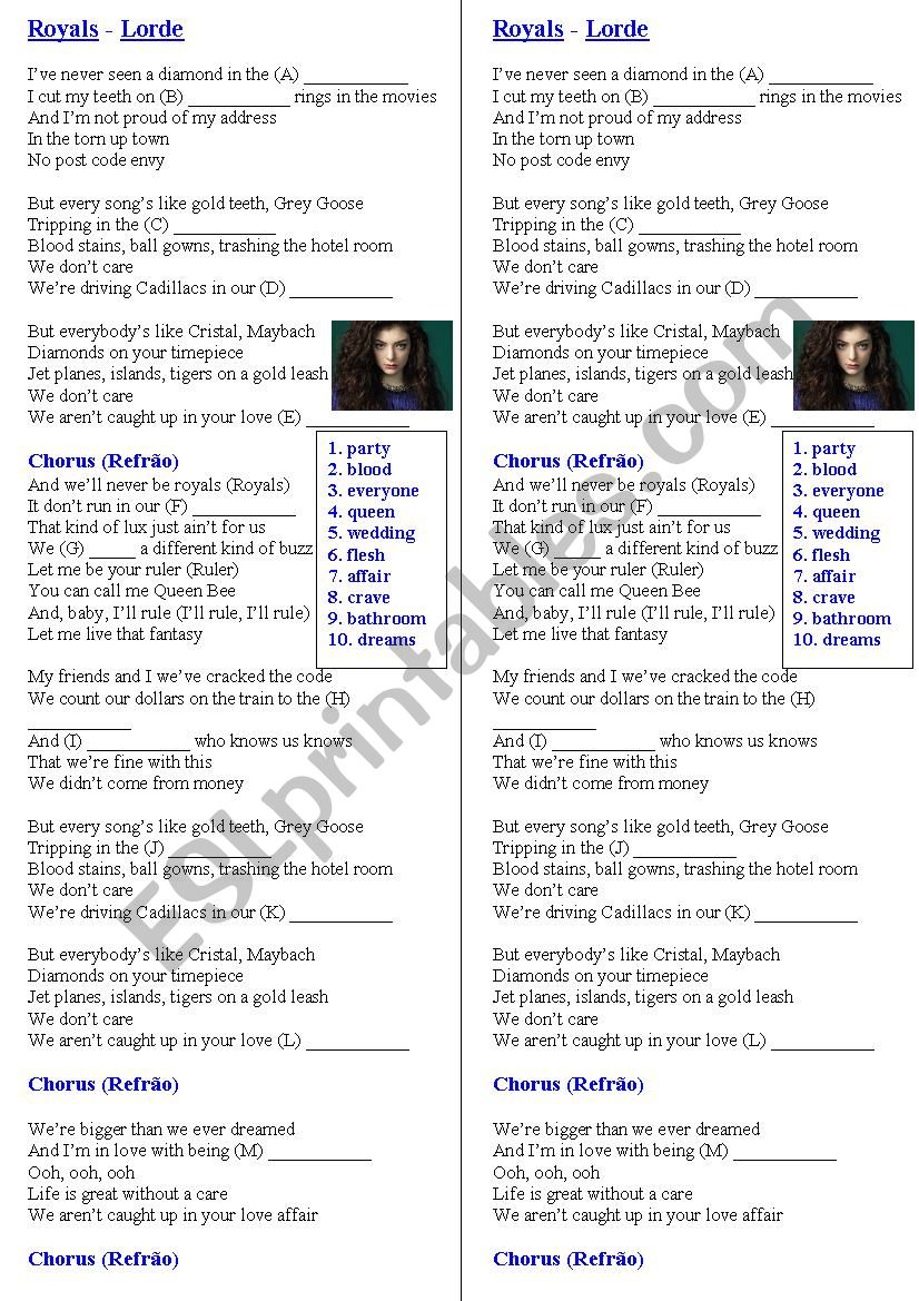 Lorde - Royals worksheet