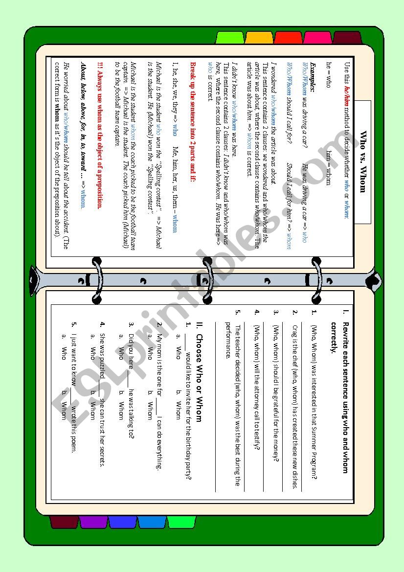 Who vs. Whom worksheet