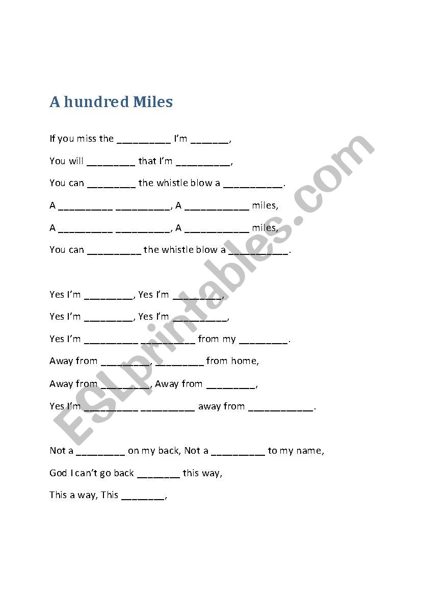 A Hundred Miles worksheet