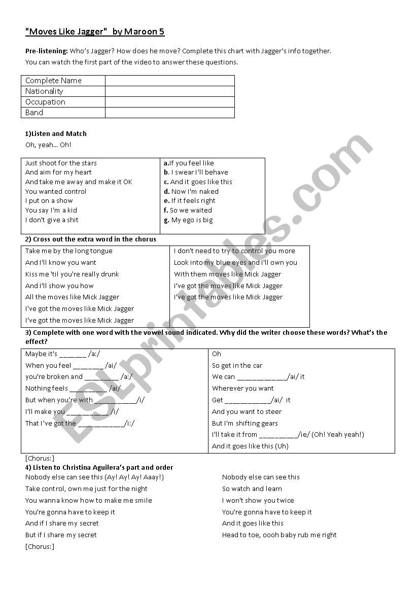 Moves Like Jagger by Maroon 5 worksheet