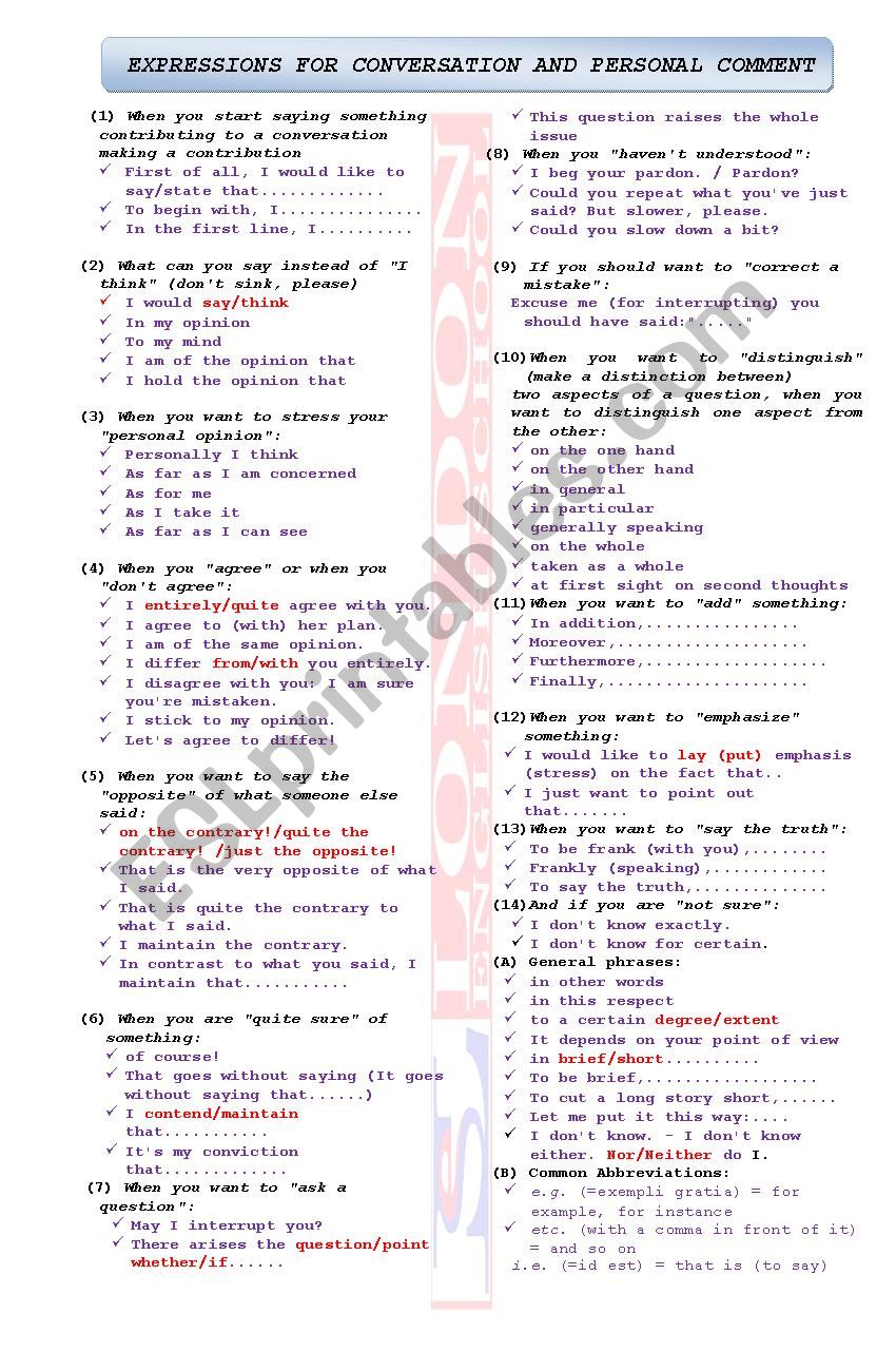 Expressions for Conversation worksheet