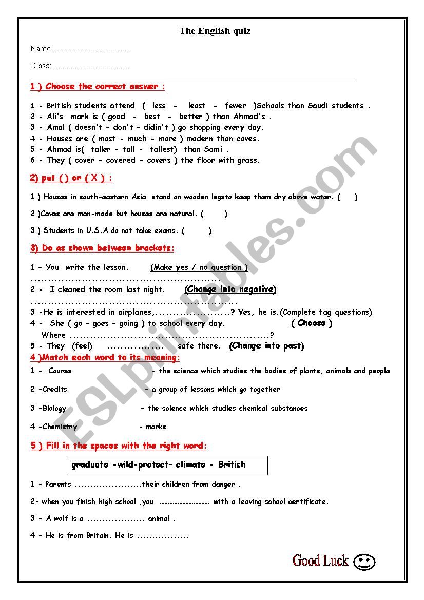 revision test worksheet