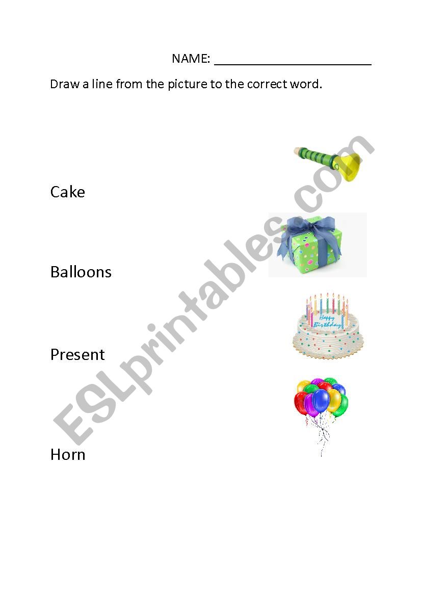 Birthday Party word match worksheet