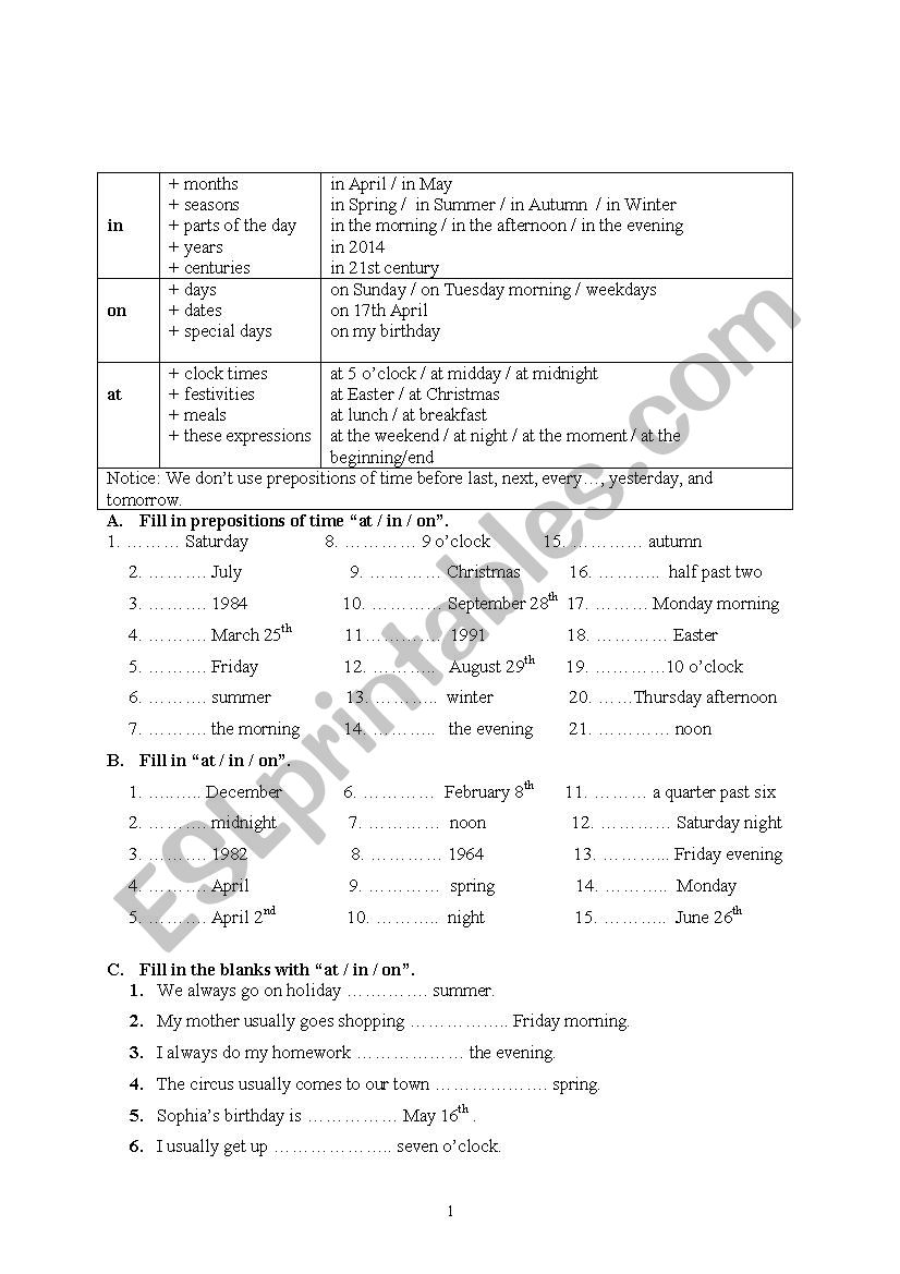 time prepositions worksheet