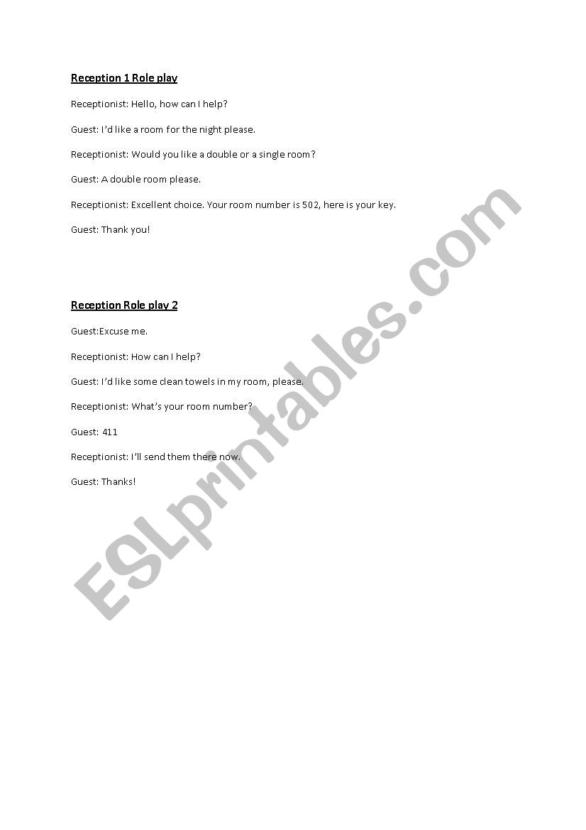 Hotel Roleplay worksheet