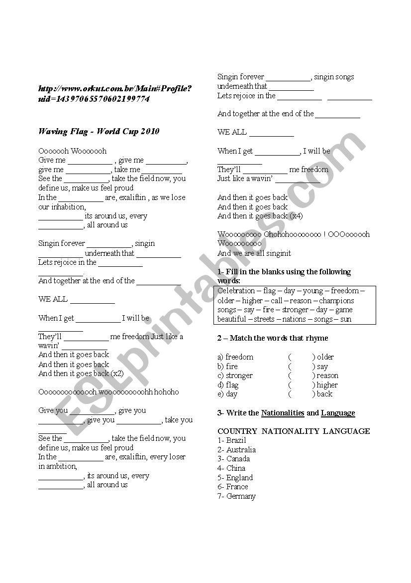 Song Waving Flag worksheet