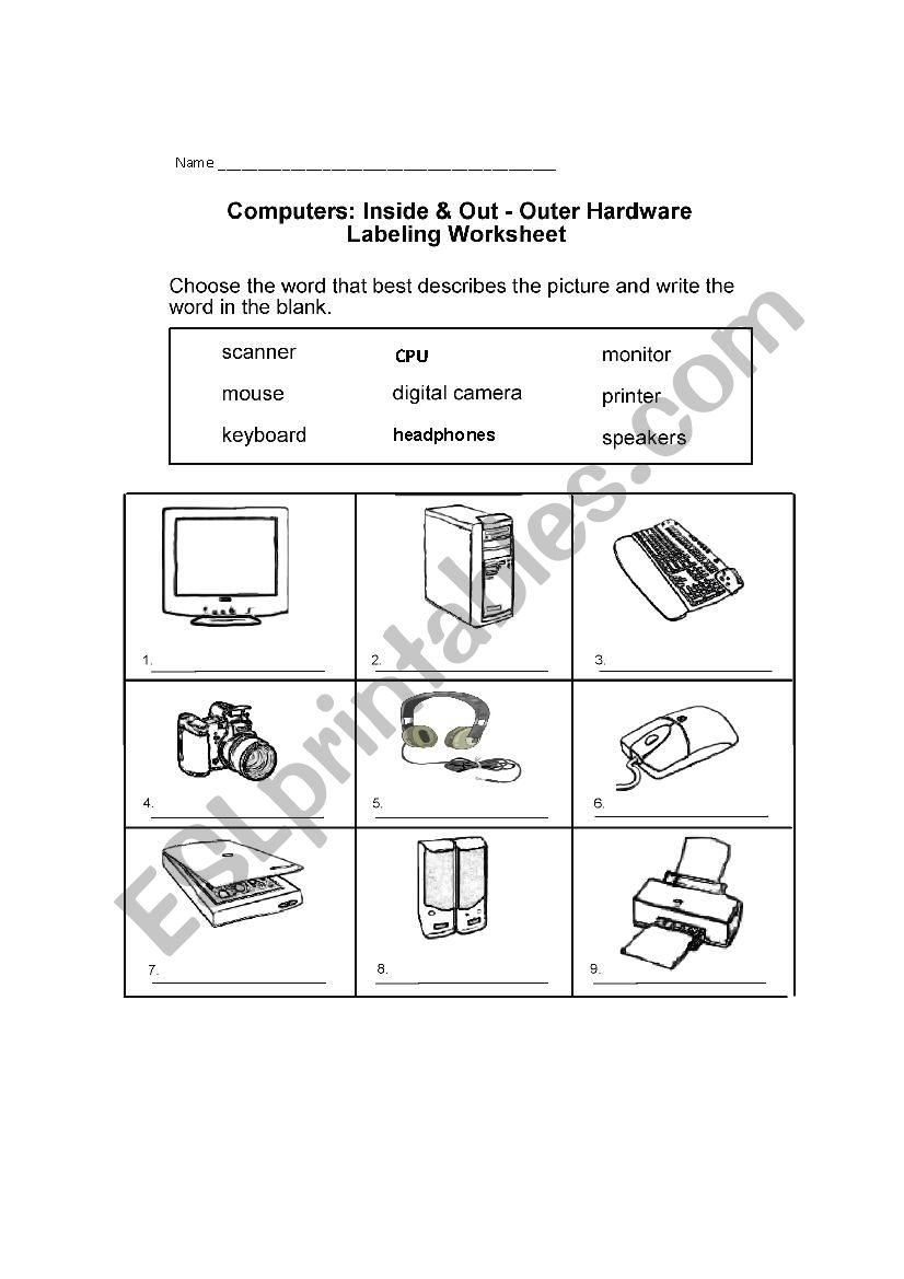 COMPUTER PARTS WORKSHEET worksheet