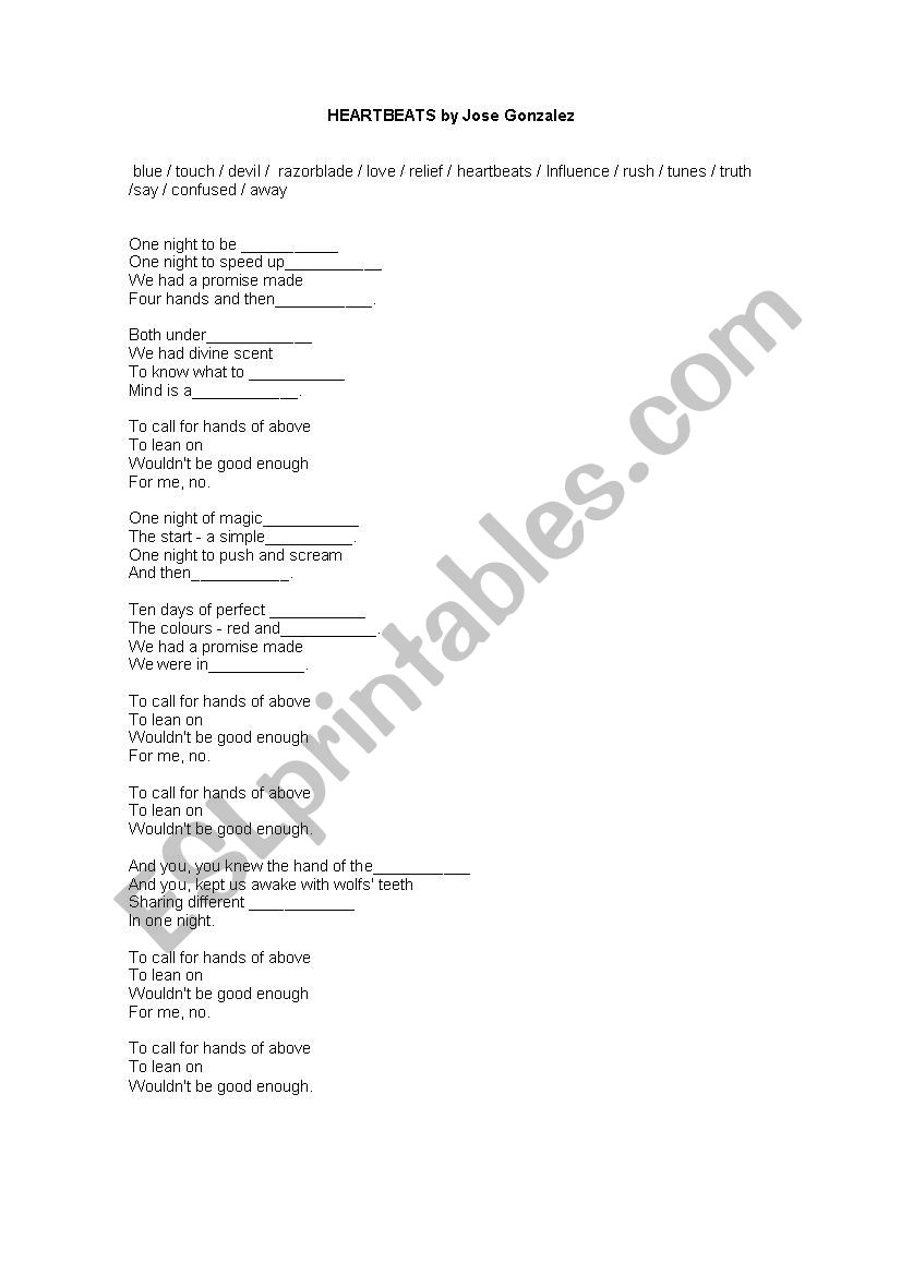 Heartbeats Jose Gonzalez worksheet