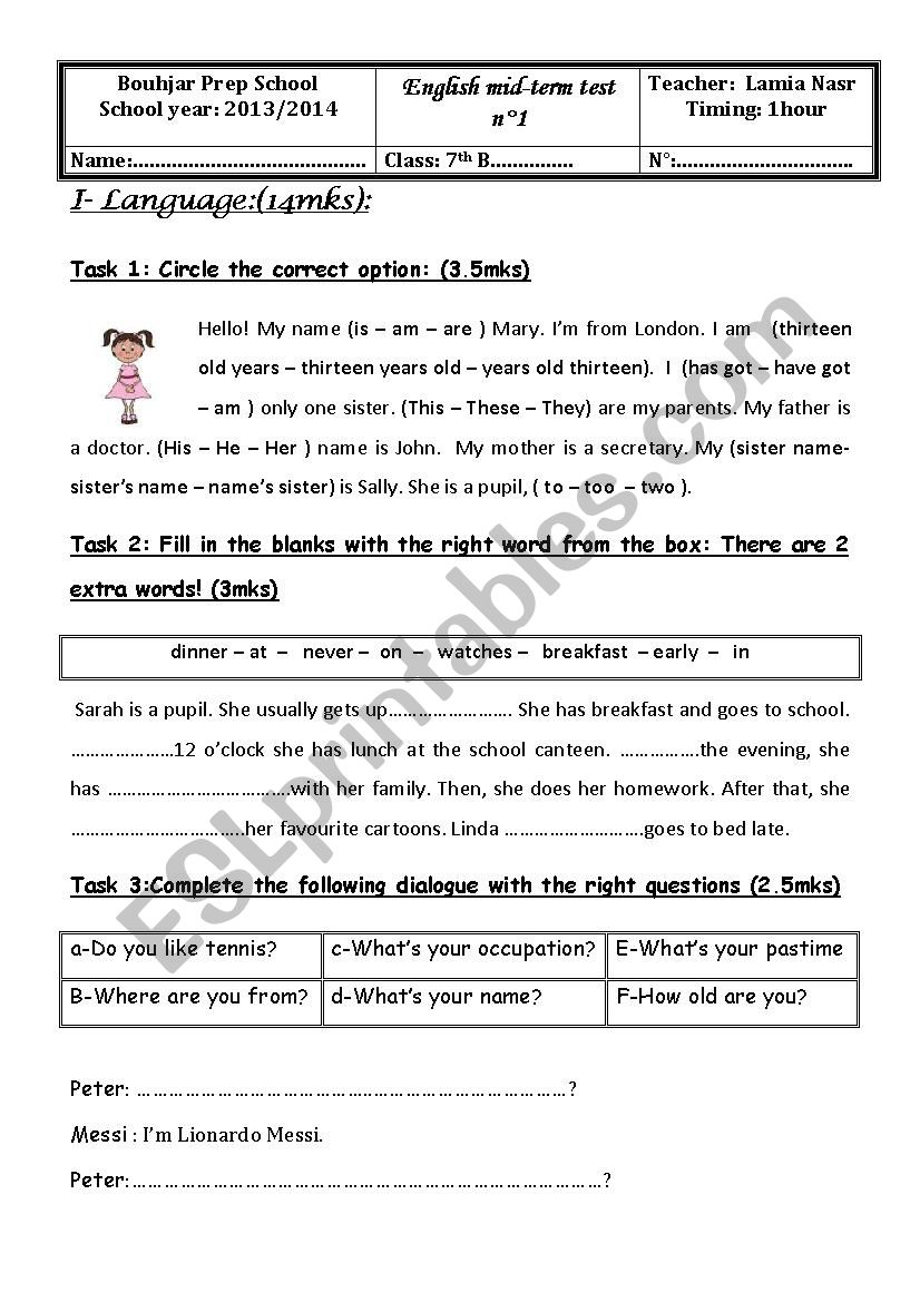 mid -term test 7th form worksheet