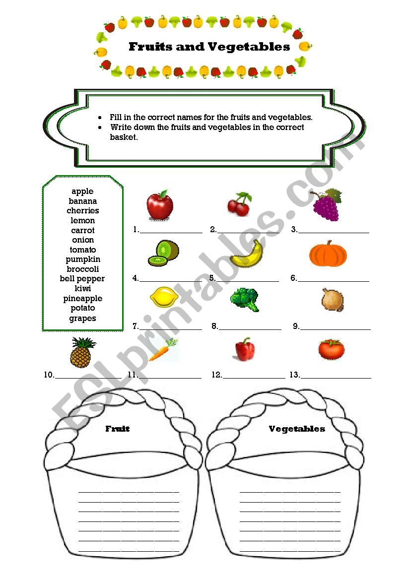 Name different kinds of fruits and vegetables (key included)