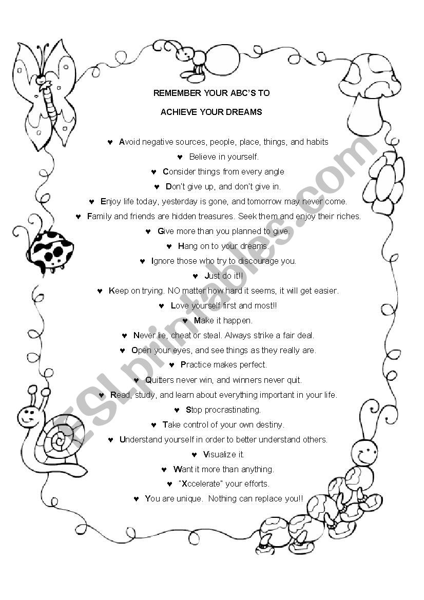 Abc to achieve your dreams worksheet