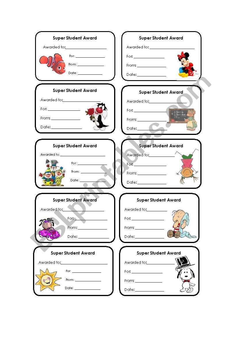 Super student award worksheet