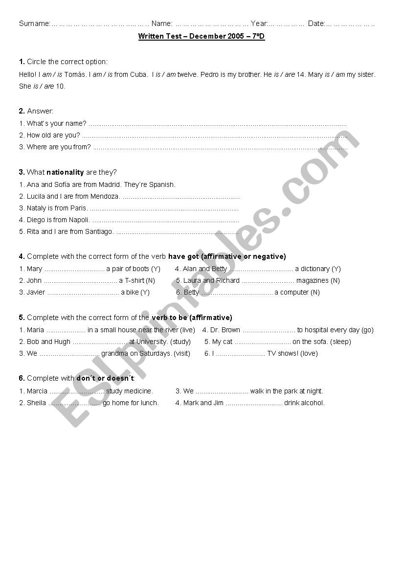 General grammar test worksheet