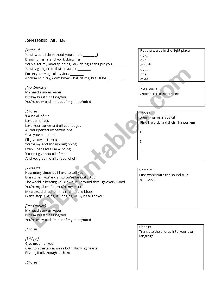 JOHN LEGEND ALL OF ME worksheet