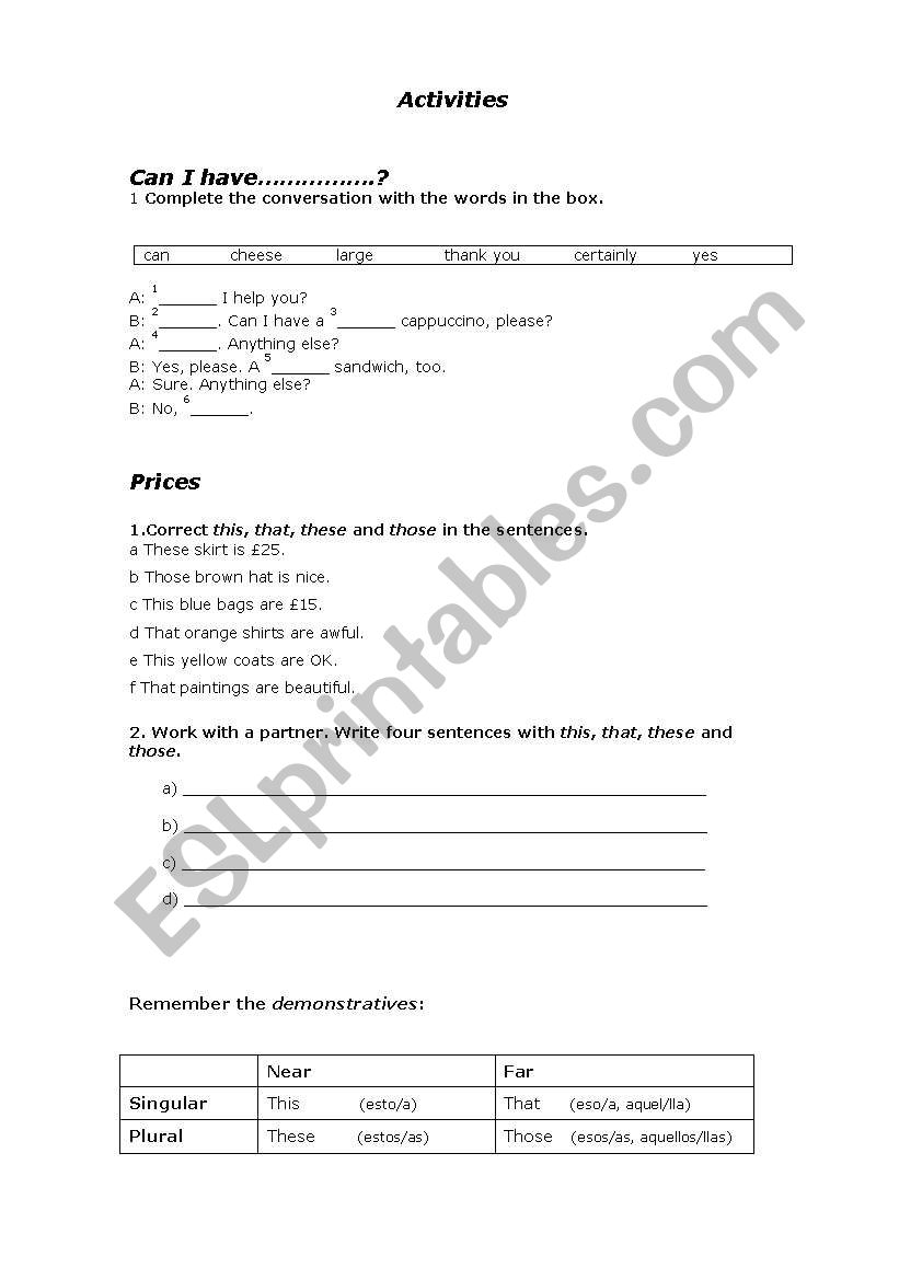 activities for beginners: this, that, prices, fill in a conversation