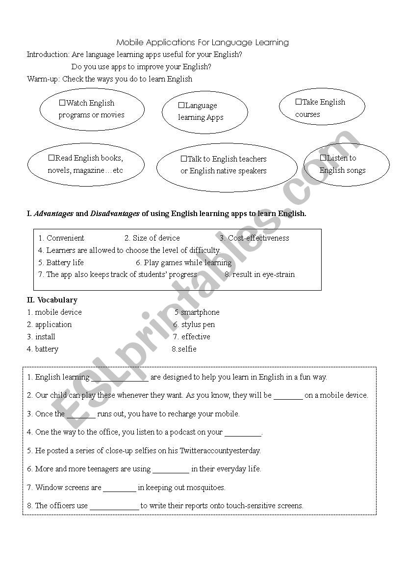English Learning Applications worksheet