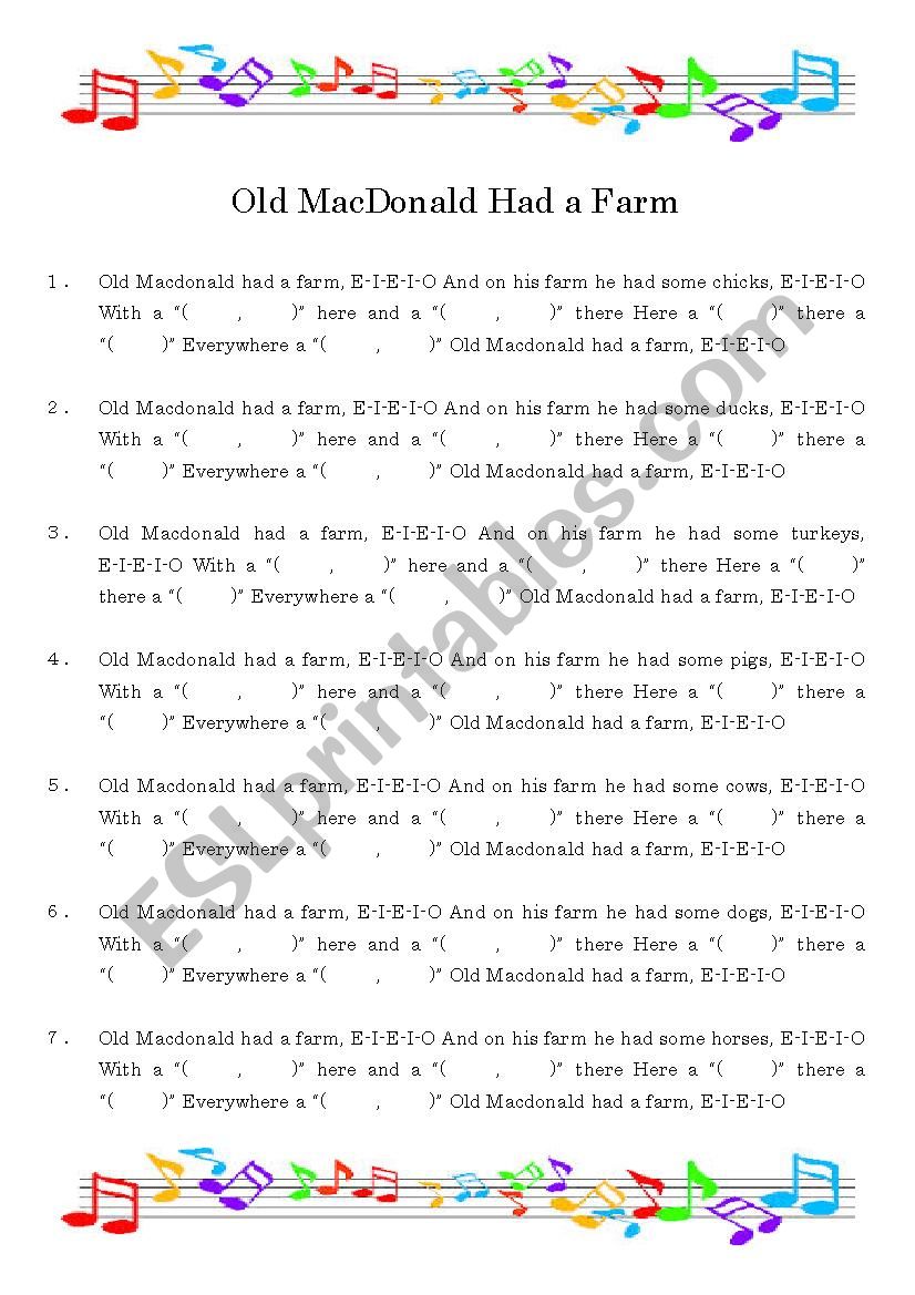 Old MacDonald Had a Farm worksheet