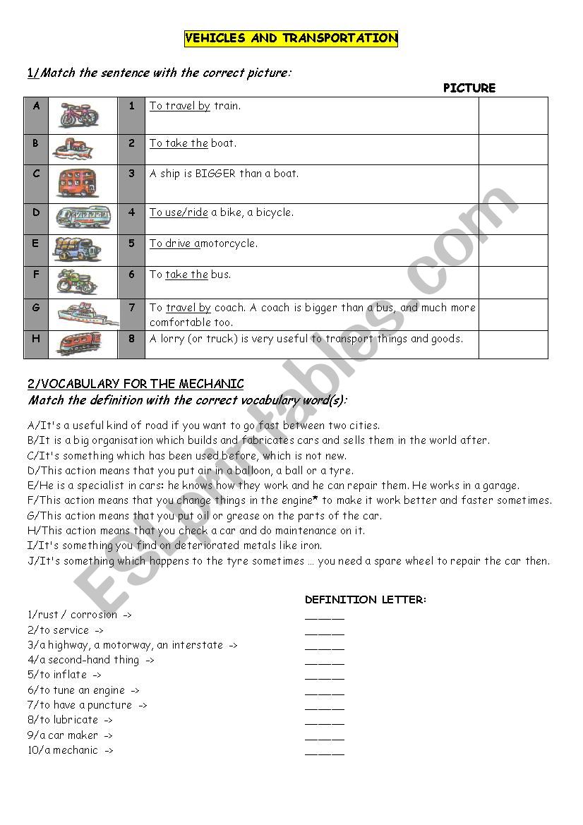 VEHICLES, TRANSPORTATION, MECHANICS (voca, match, definitions)