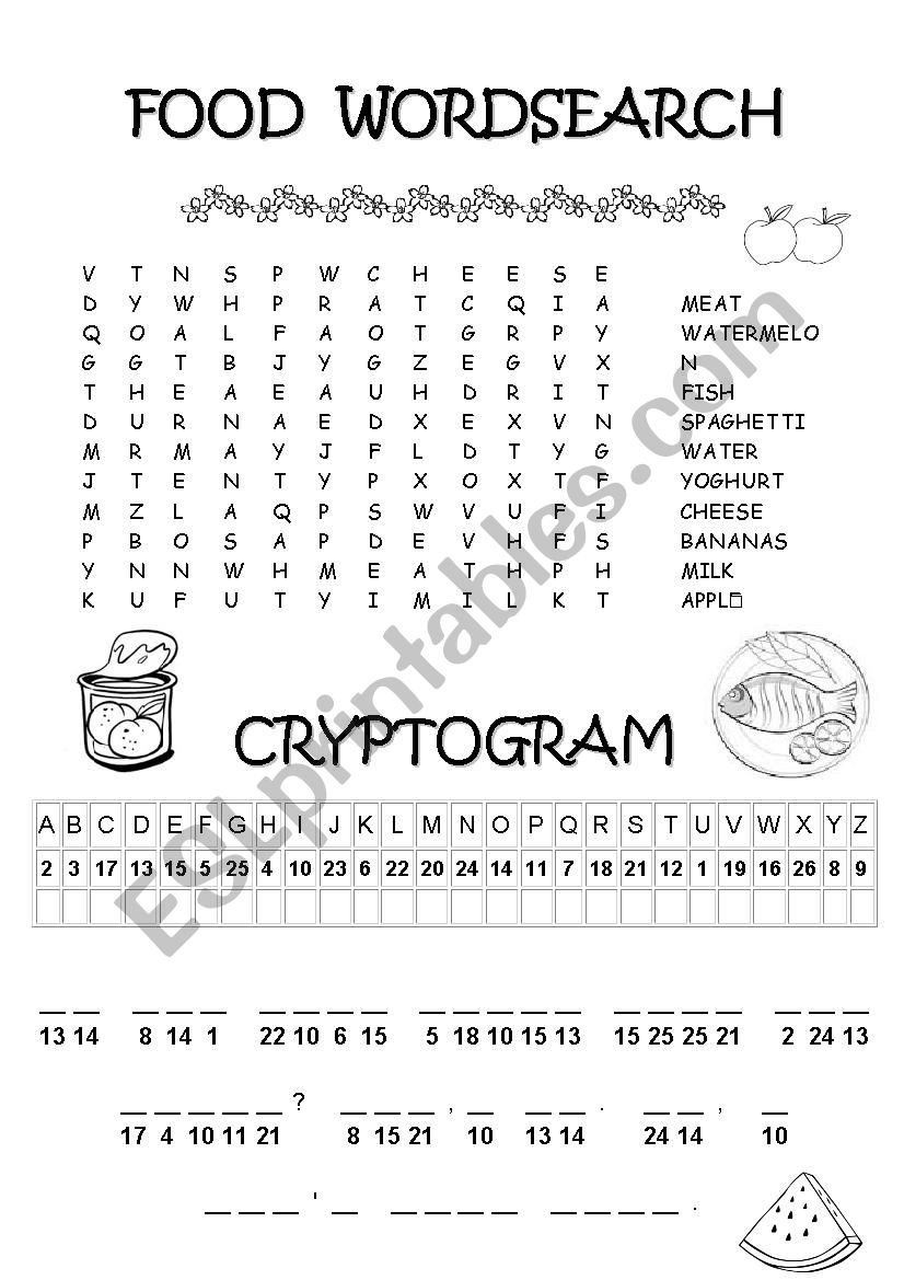 Food wordsearch and cryptogram