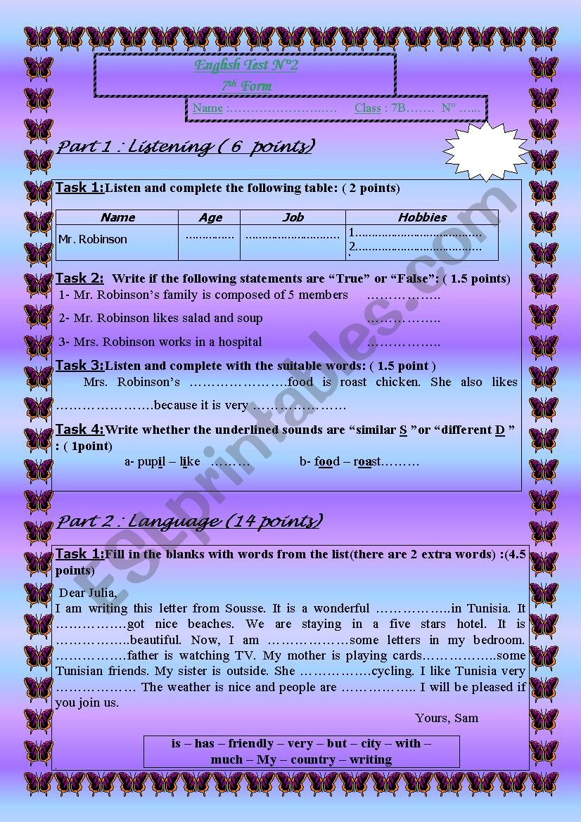 seventh form test  worksheet