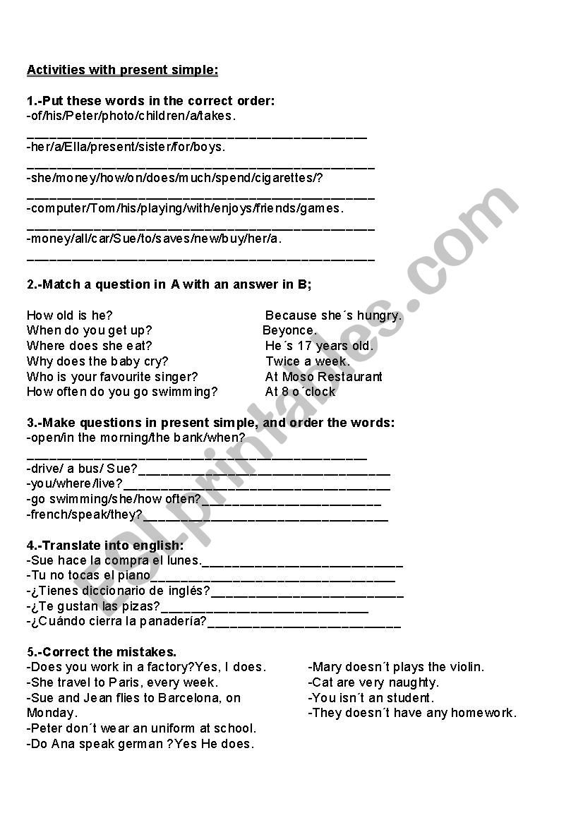 Present simple activities worksheet