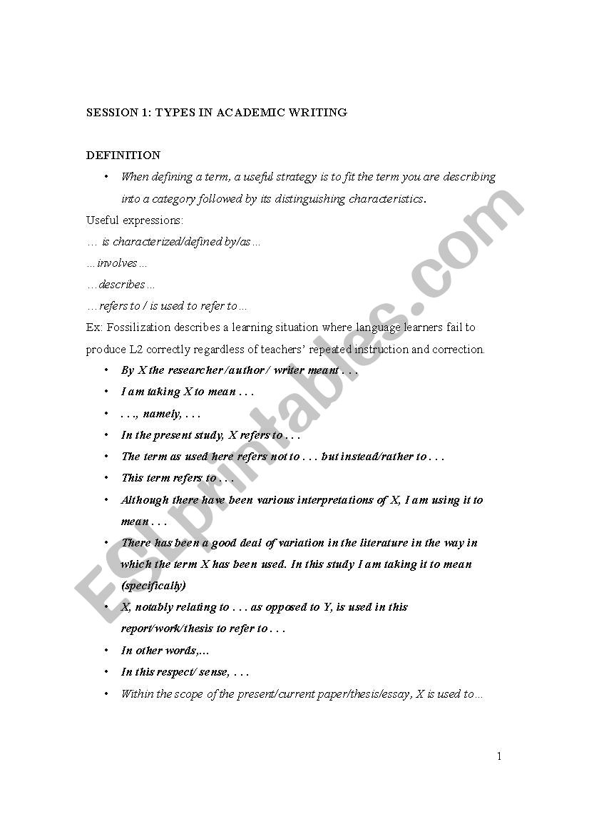 Academic Writing worksheet