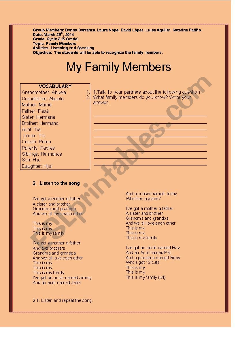 My family members worksheet