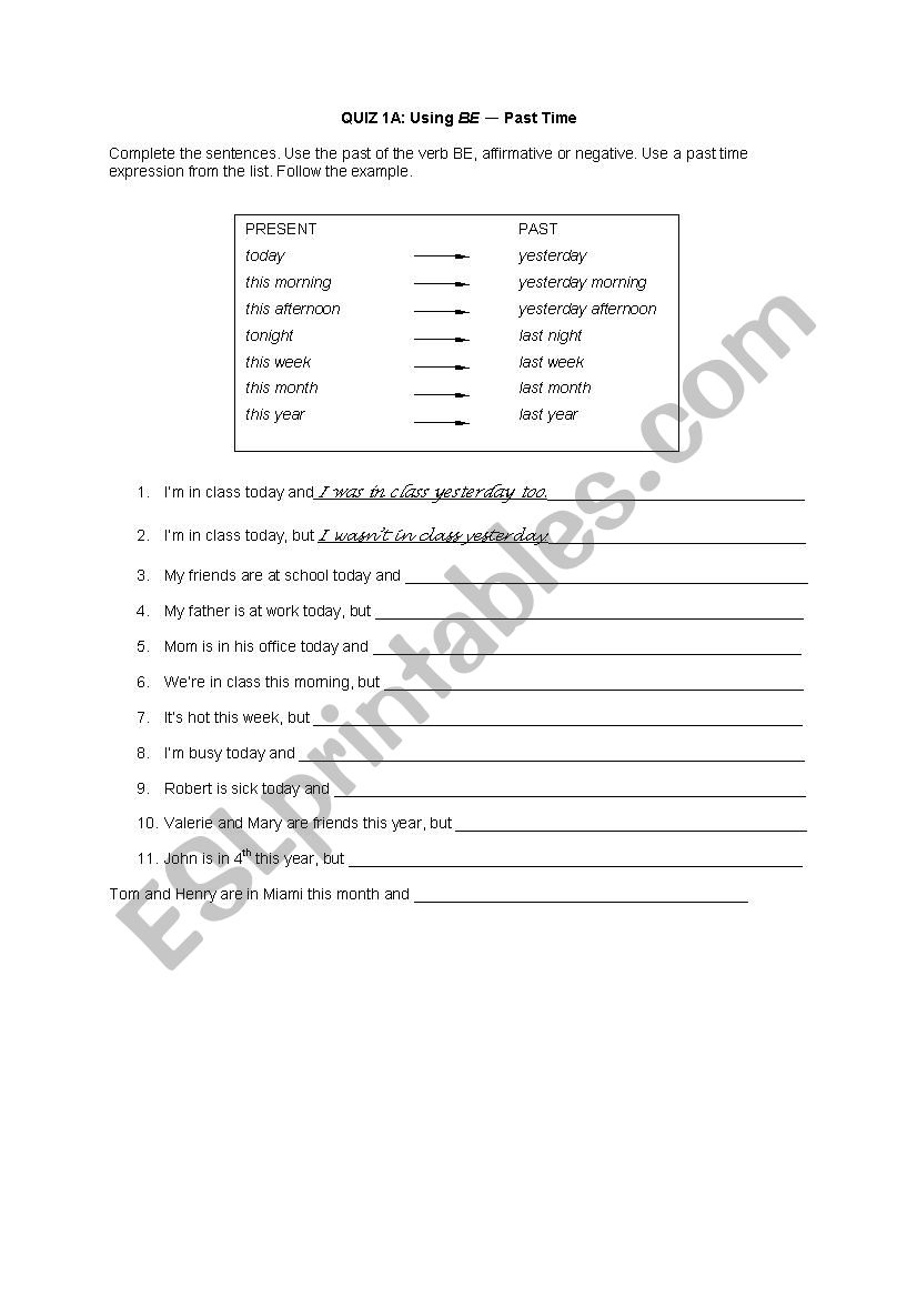 Using BE  Past Time worksheet