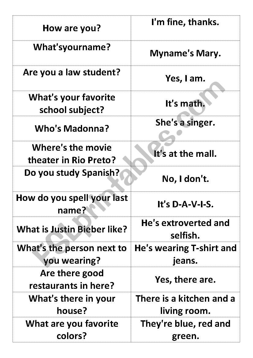 Questions and Answers game worksheet