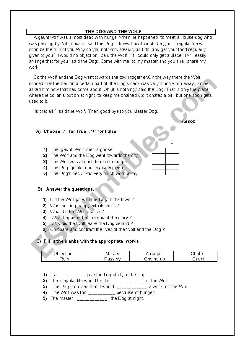 The Dog and The Wolf worksheet