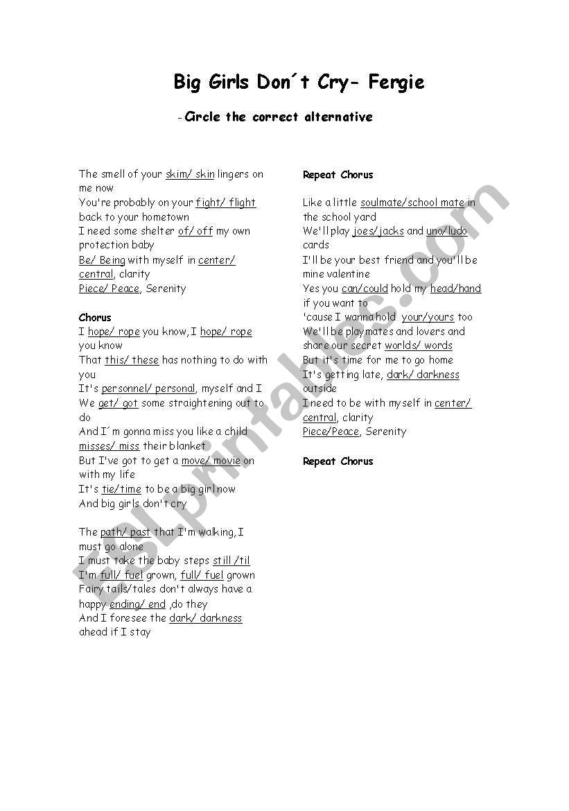 Big Girls dont cry- exercise worksheet