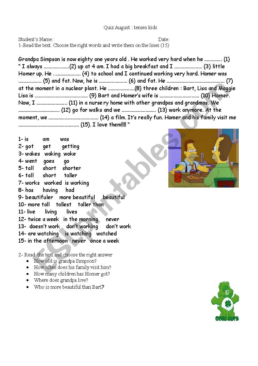 quiz august tenses kids worksheet