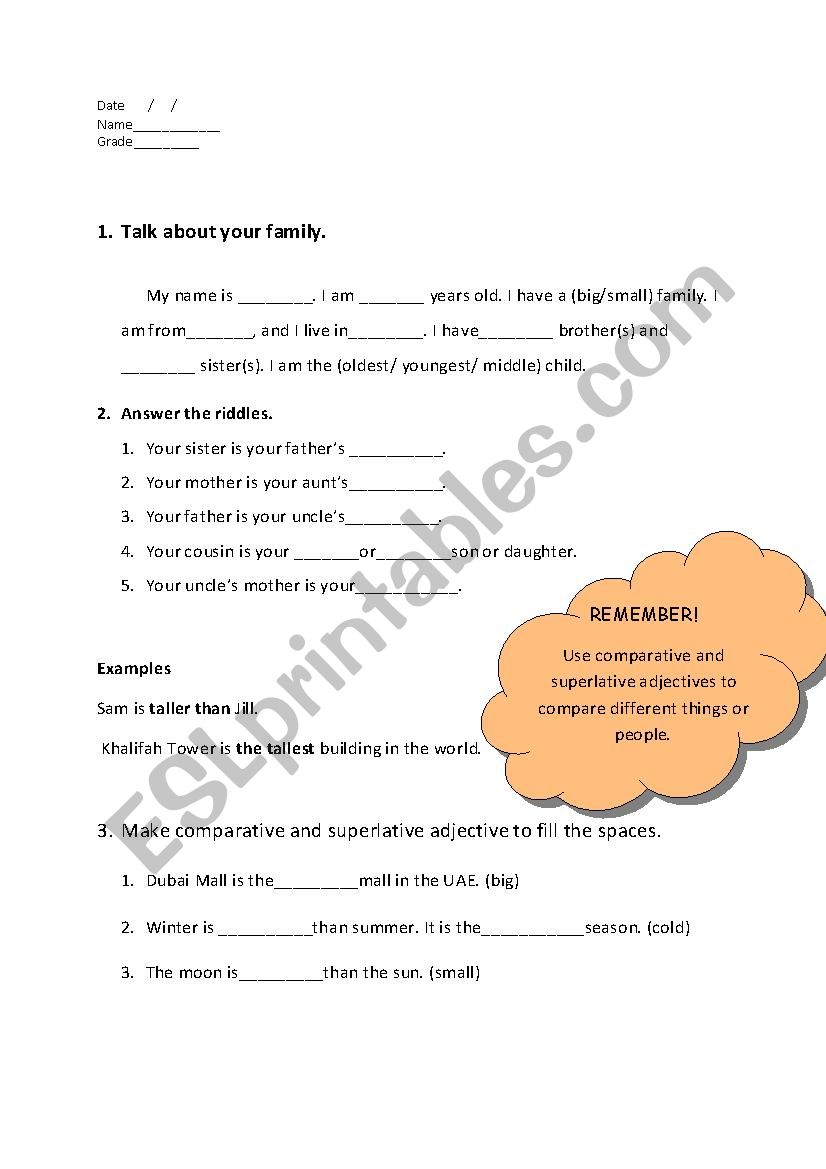family relationships and comparative and superlative adjectives 