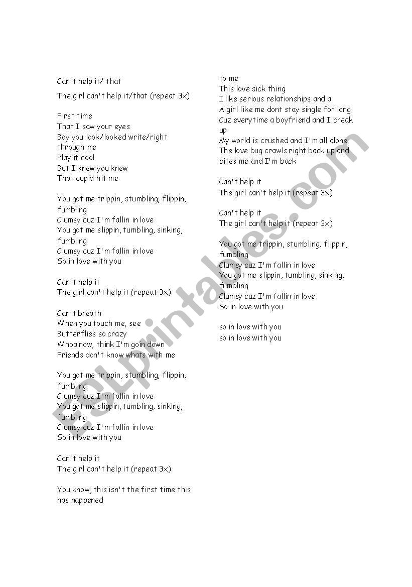 Clumsy- Fergie worksheet