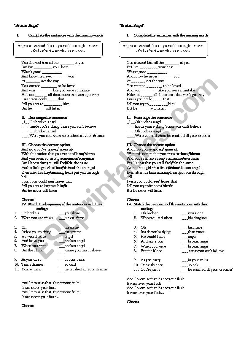 Broken Angel_song worksheet