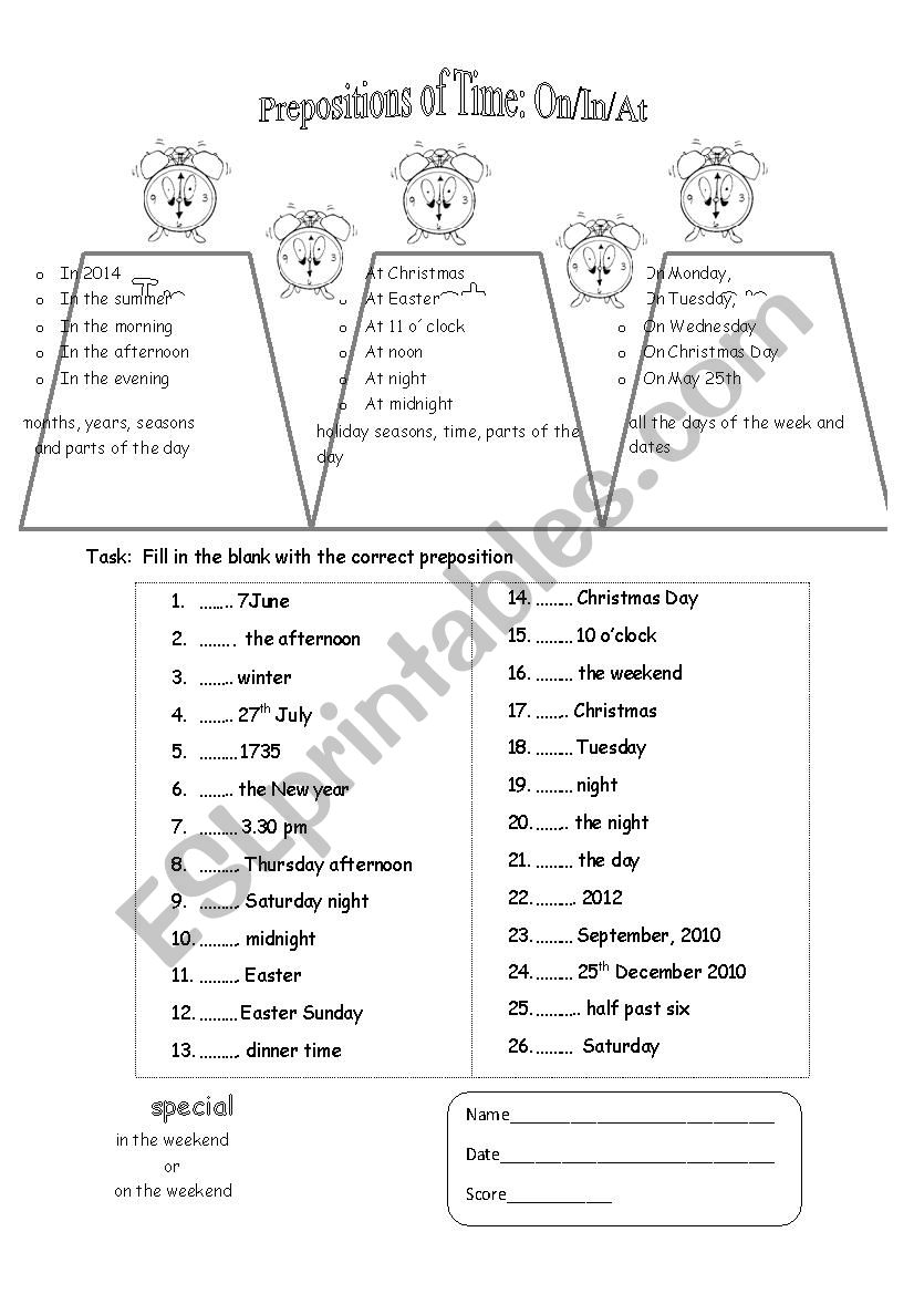 Prepositions of Time:  In/At/On