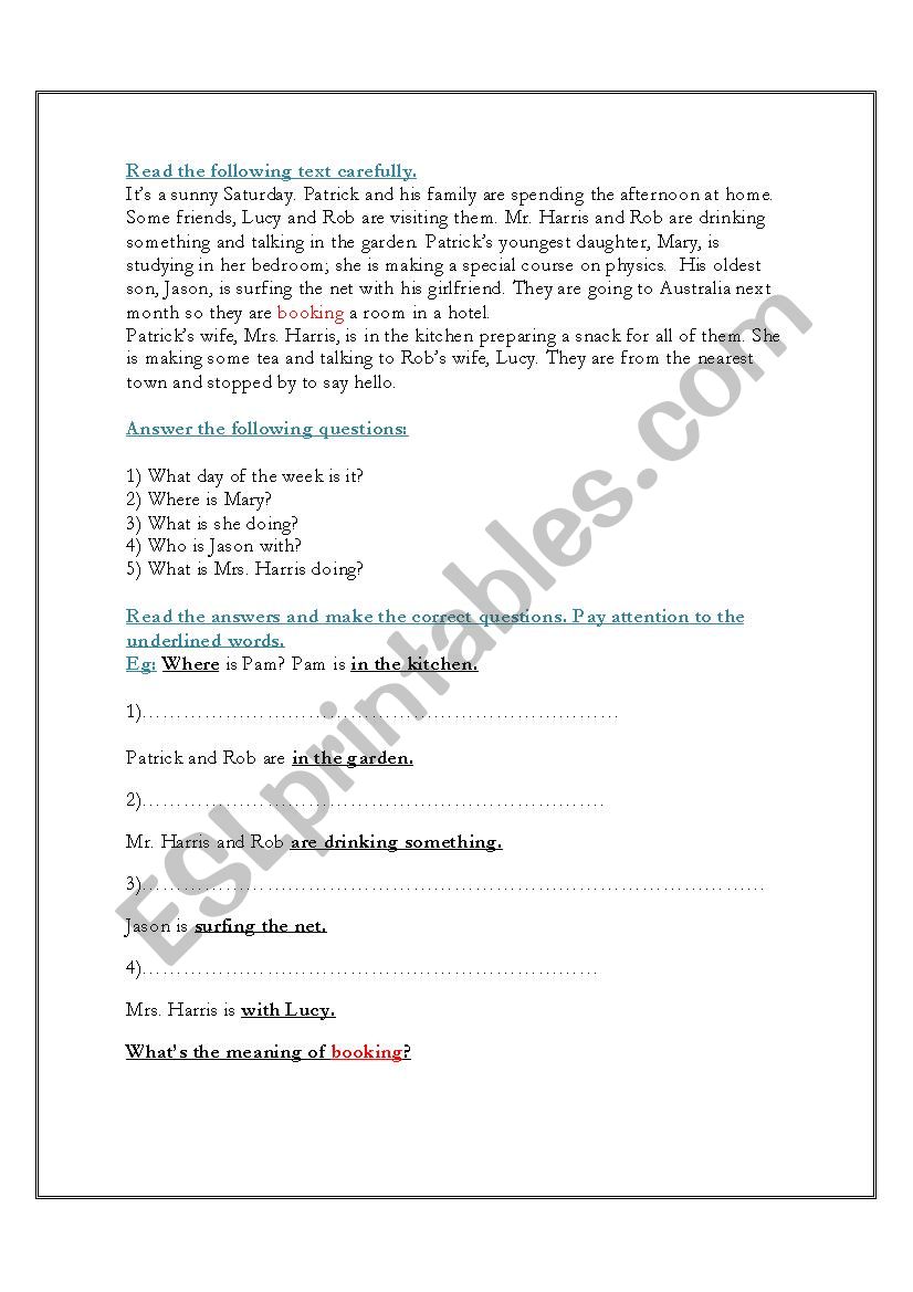 Reading- Present continuous. worksheet