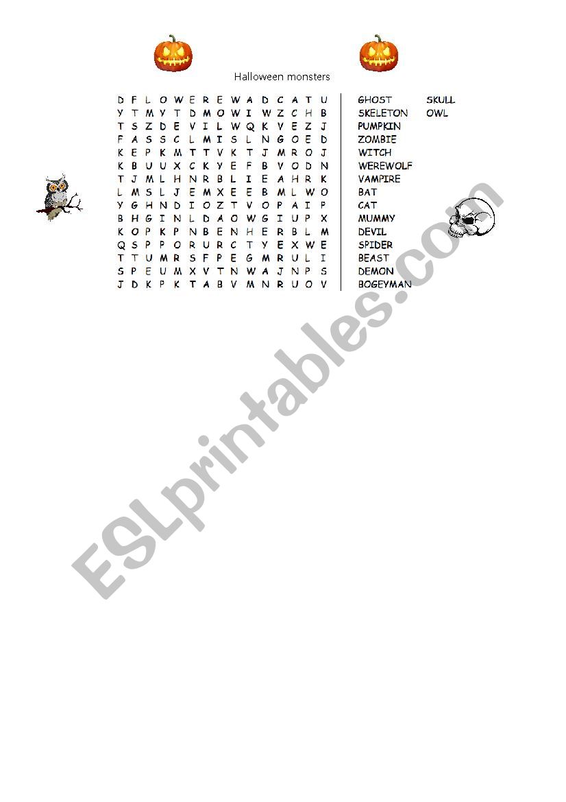 Halloween monsters word search