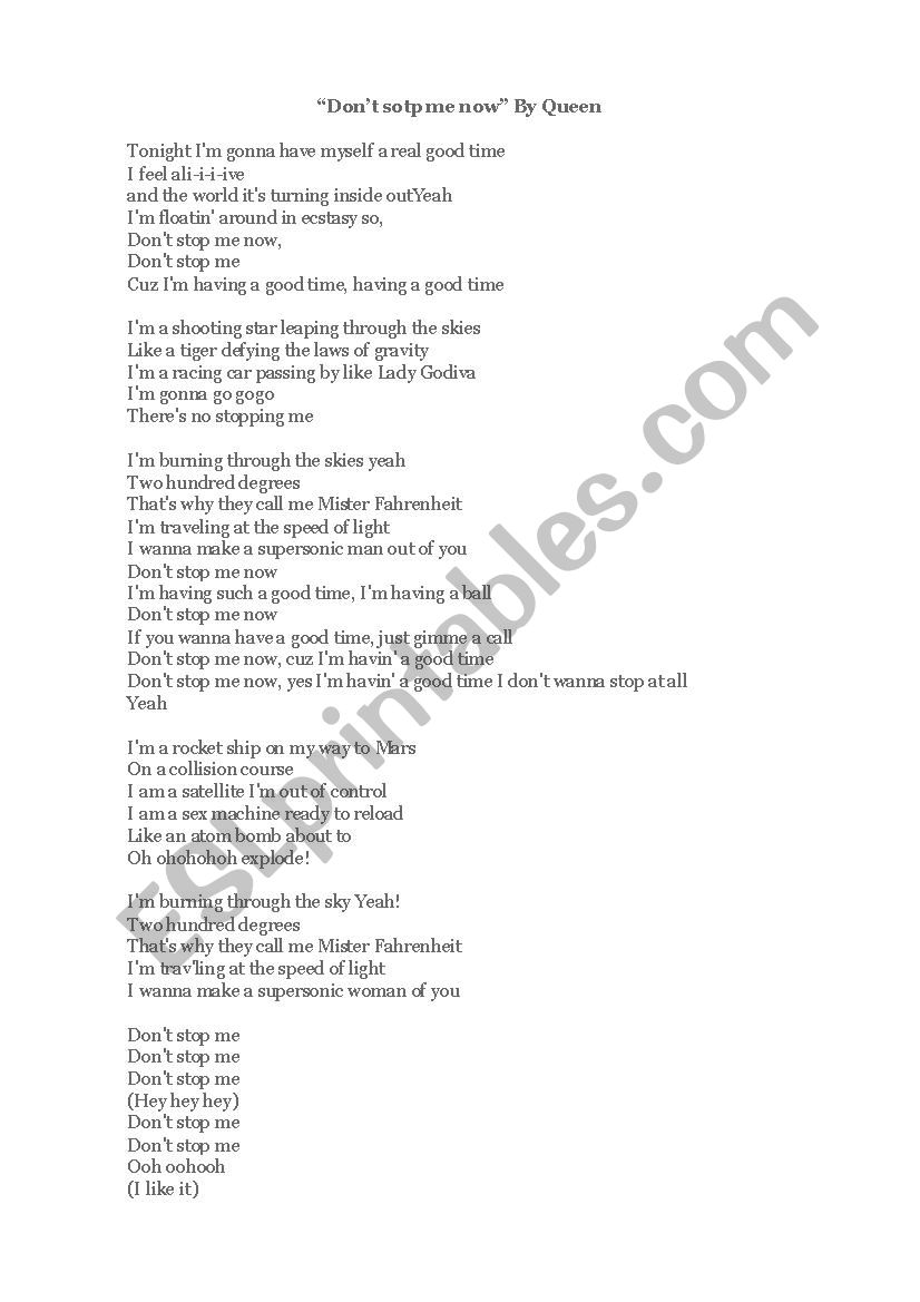 Dont stop me now worksheet