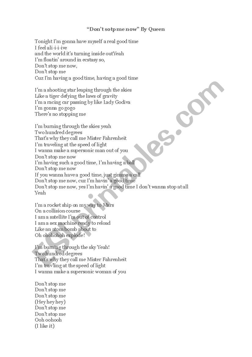 DonÂ´t stop me now worksheet