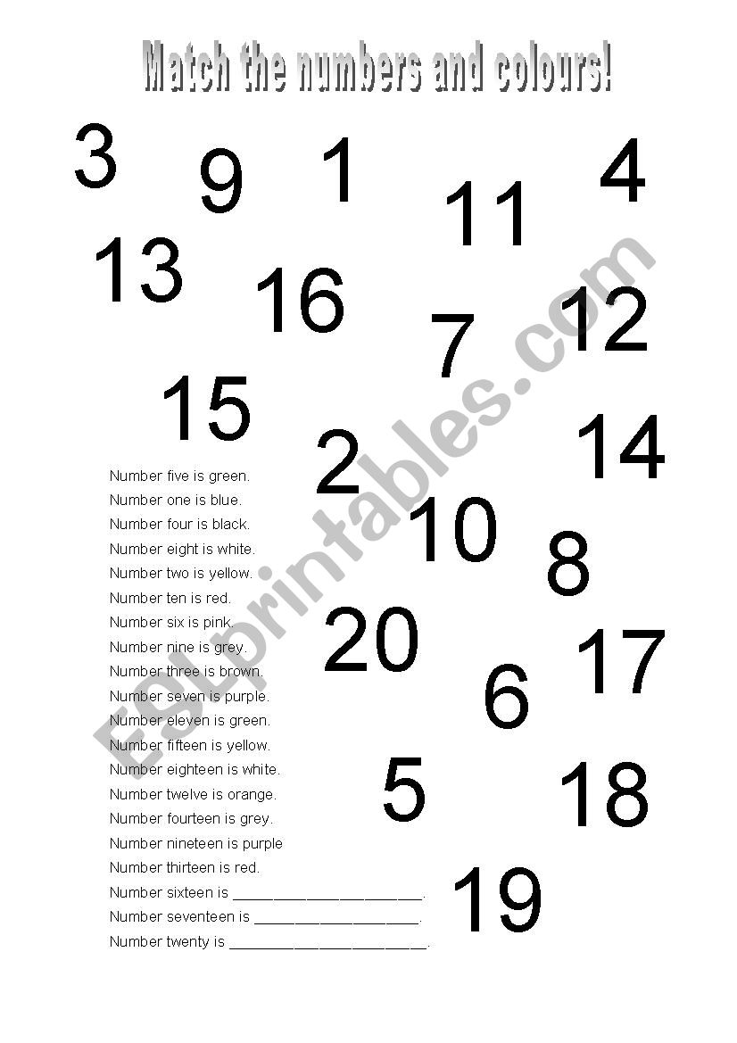 Numbers 1-20, colours worksheet