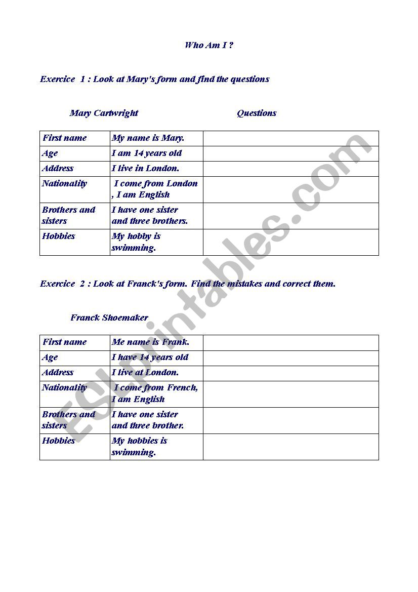 Identity worksheet