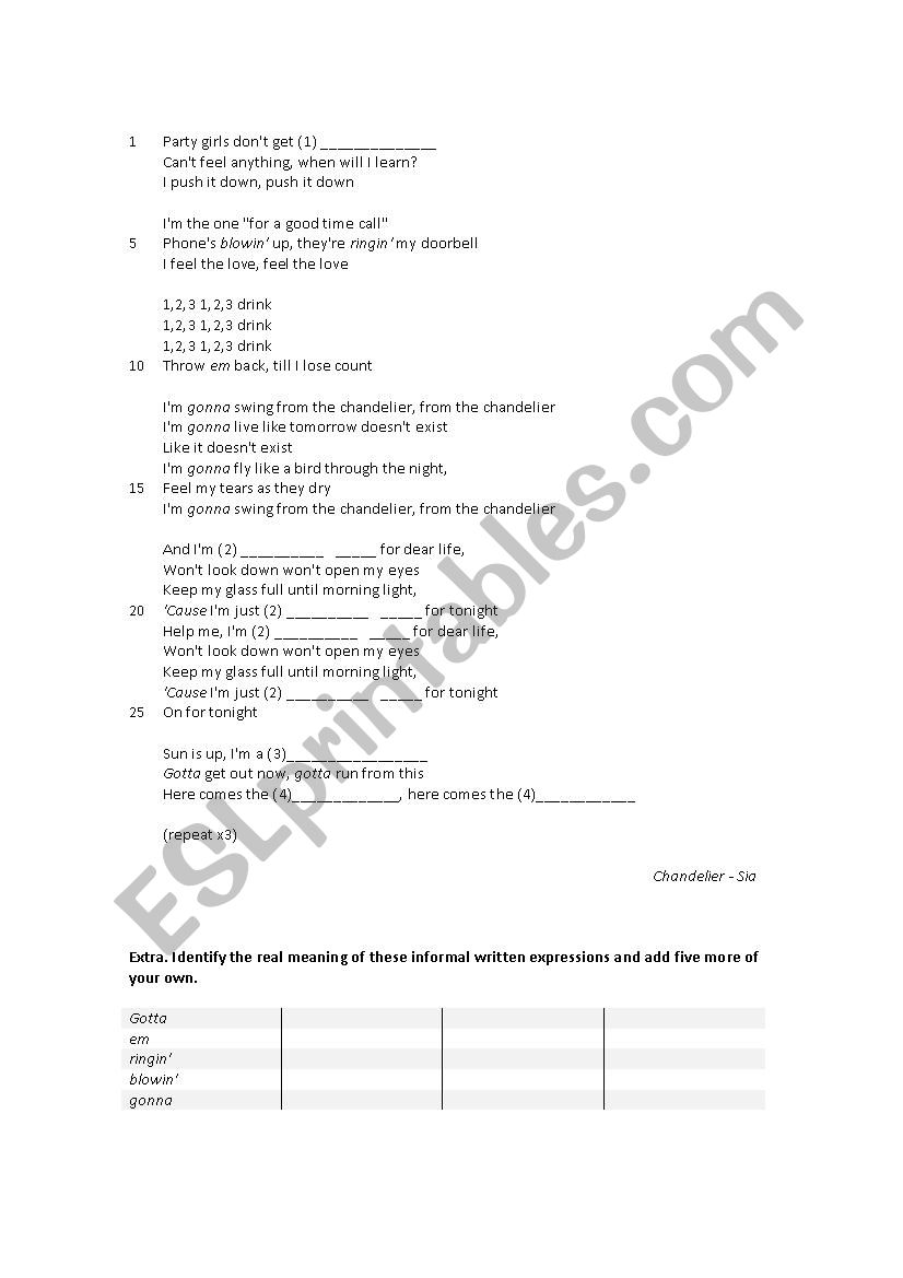 Chandelier worksheet