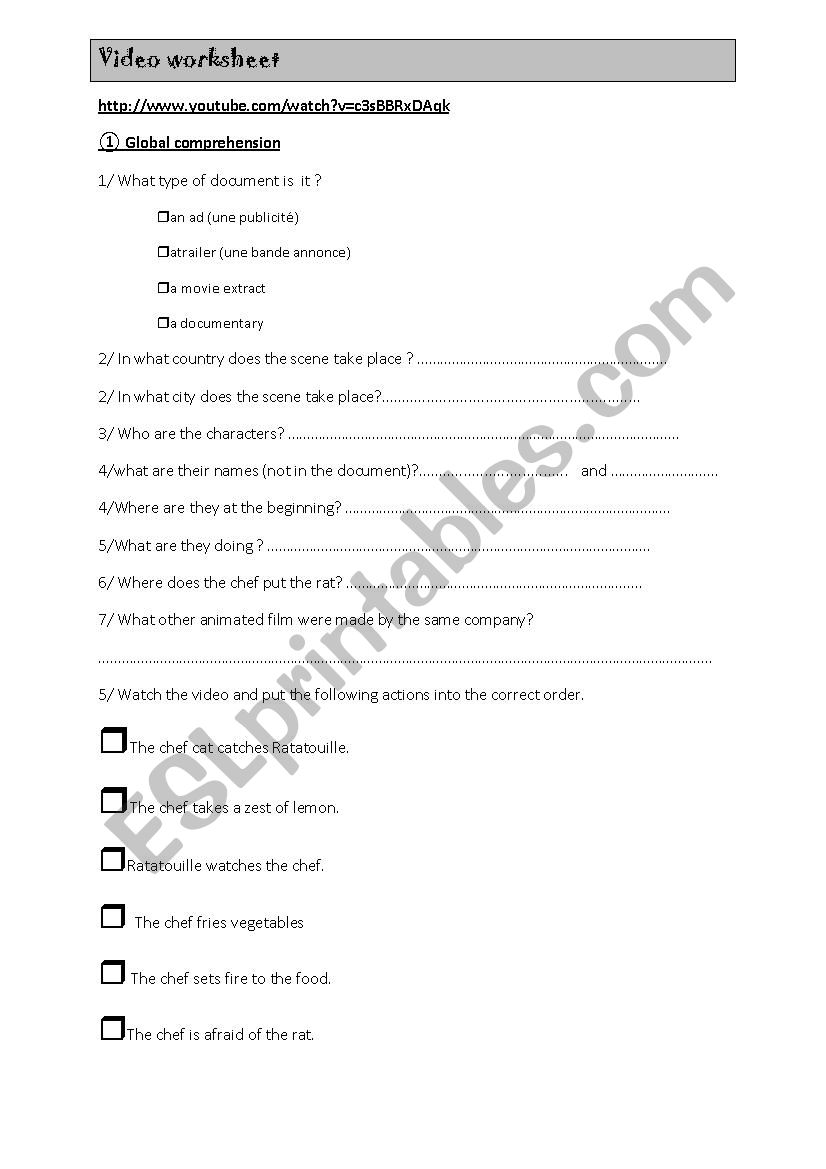 ratatouille trailer worksheet worksheet